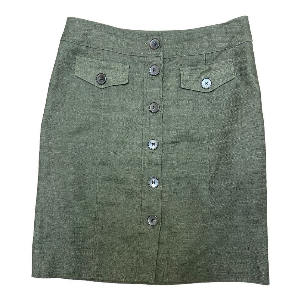 Ann Klein Linen Blend Army Green Button Up Pencil Skirt Sz 4 Office Classic EUC